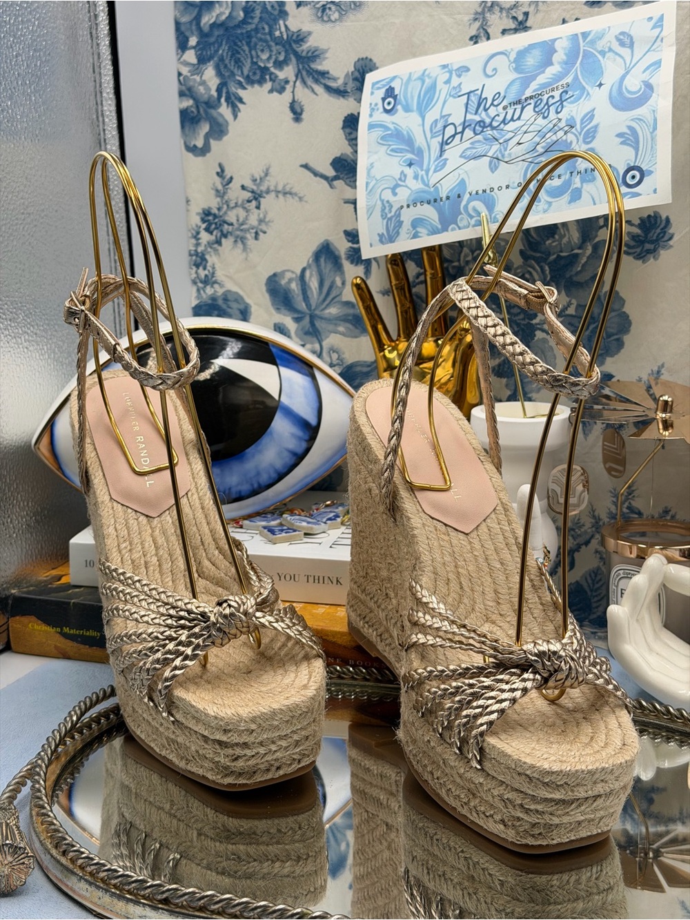 🆕 LOEFFLER RANDALL 🧿 NWOB Pamela Mignon Pale Gold Metallic Leather Wedge, Sz 7 - Picture 5 of 13
